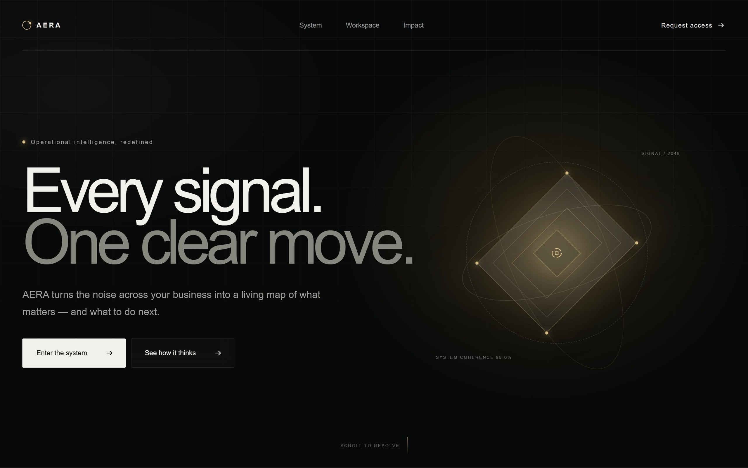 AERA Systems homepage with the signal field visual