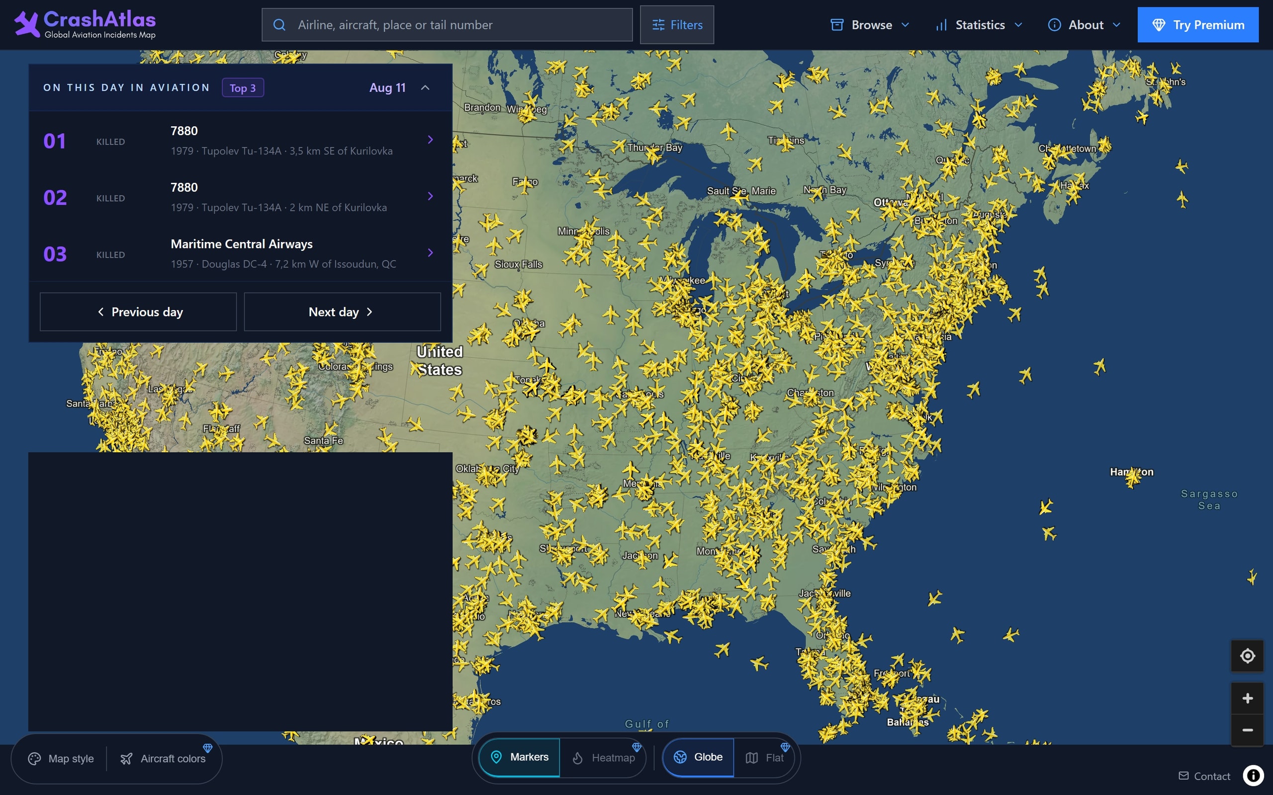 CrashAtlas homepage with the aviation accident map