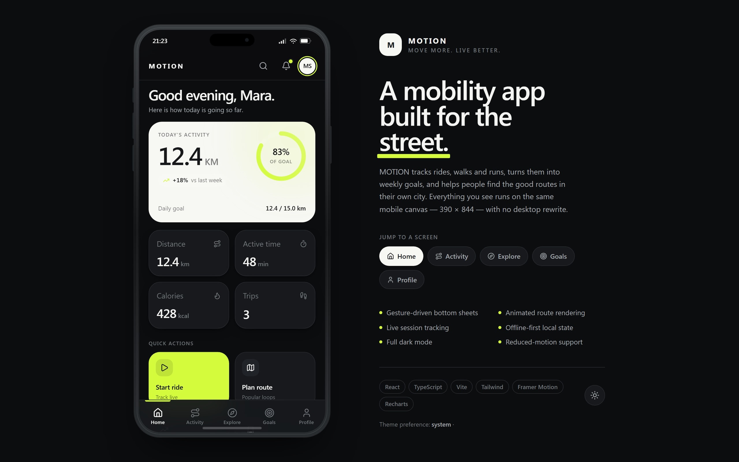 MOTION home screen in its device frame