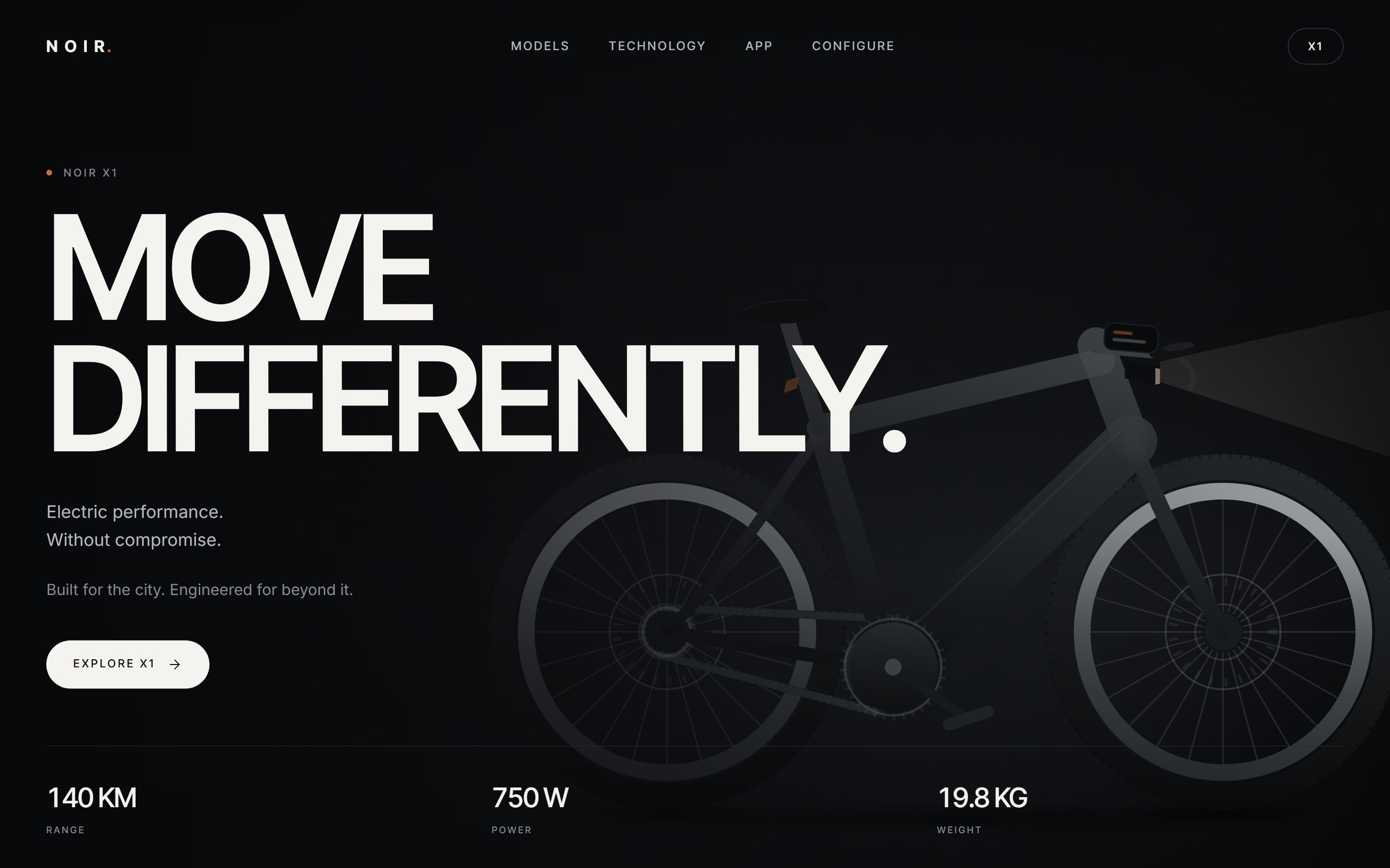 NOIR X1 homepage with the bicycle in profile