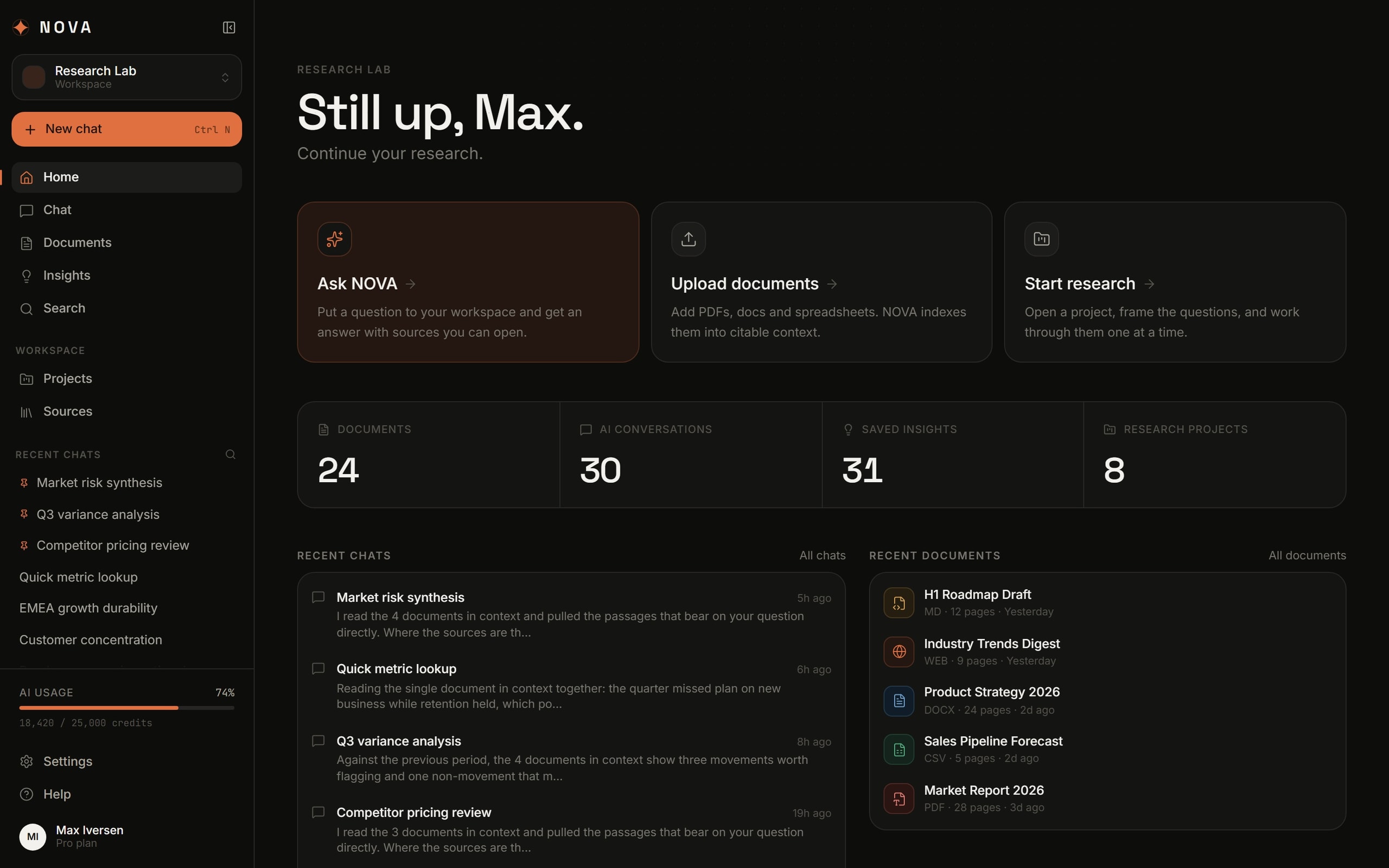 NOVA home screen with chats, documents and the credit meter