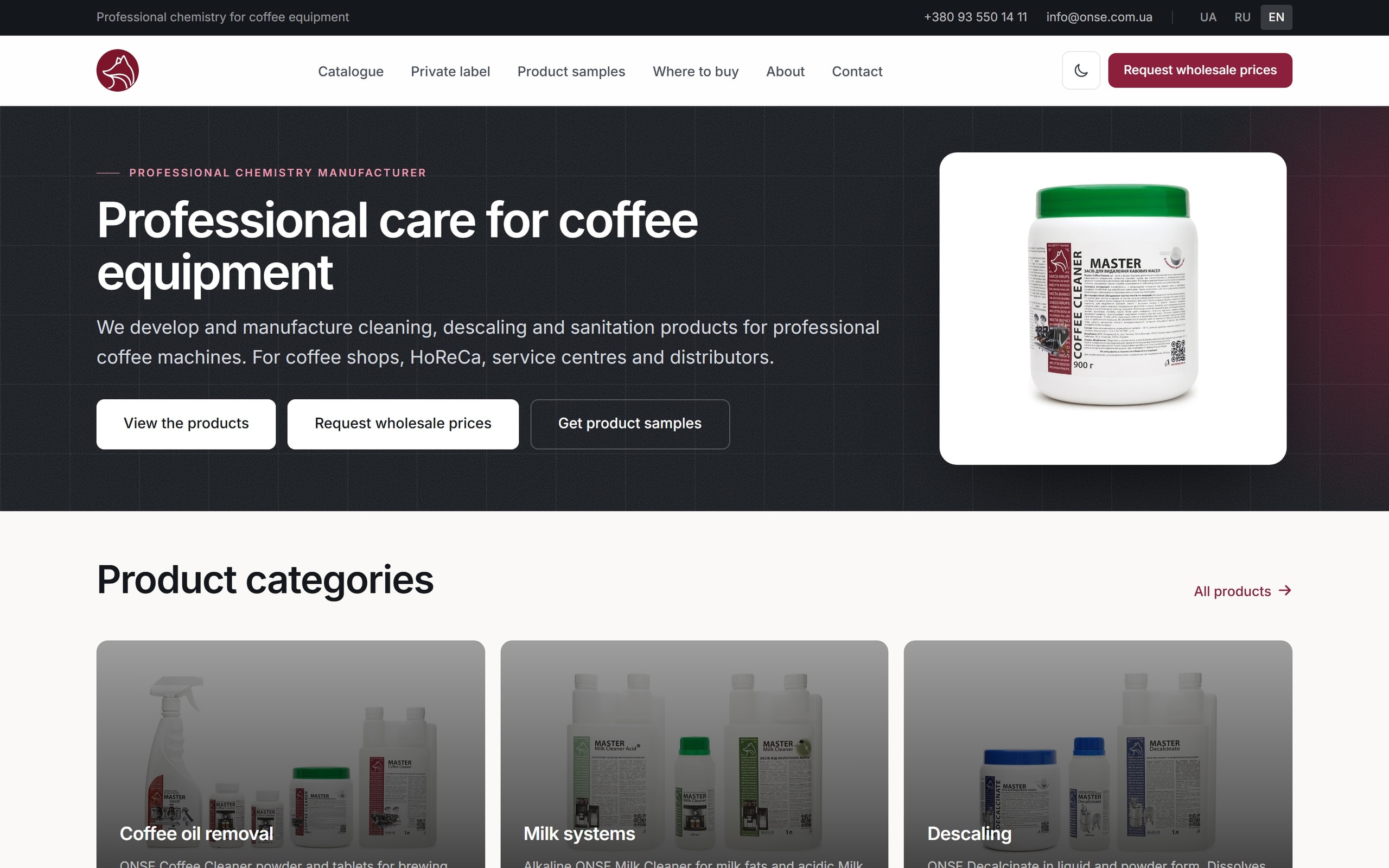 ONSE home page — professional care for coffee equipment